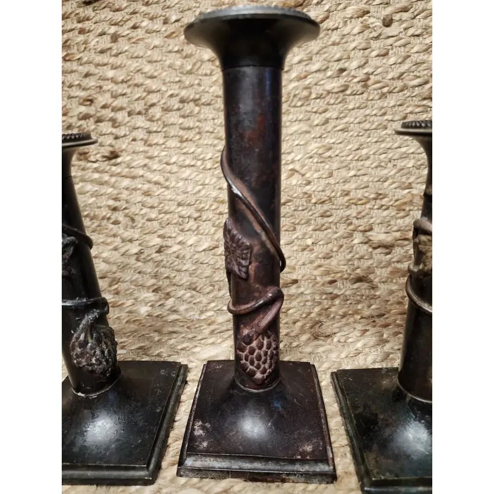 3 Vintage Traditional Italian Cast Iron Bronze Grapevine Candlestick Holders